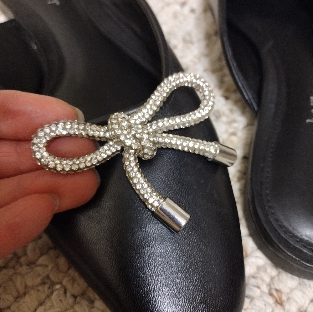 Copper Key Glimmer Black Leather Slip-On Mules with Rhinestone Bow Accent - Picture 3 of 8
